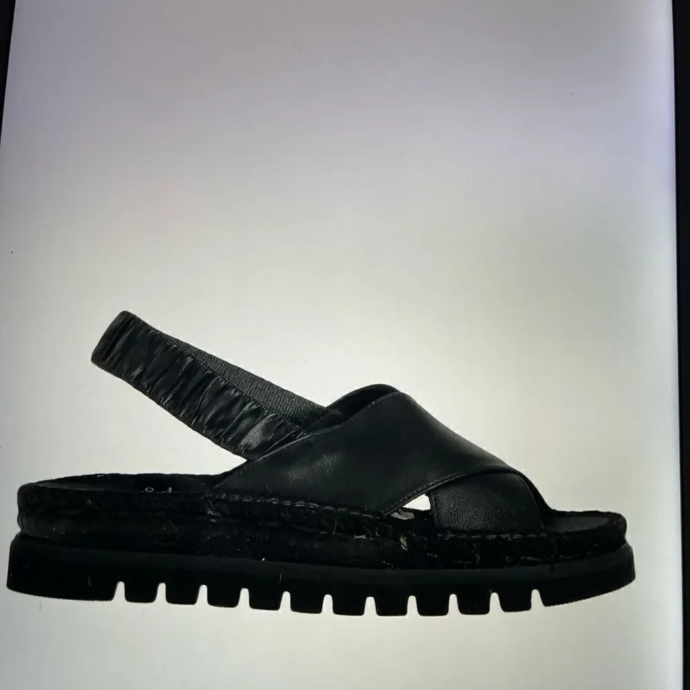 Black Leather Slingback Espadrille Sandal - Women